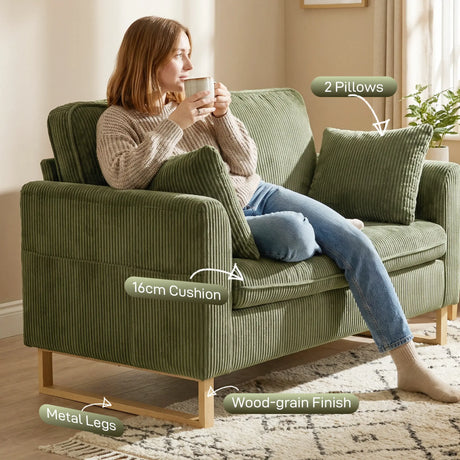 HOMCOM 2 Seater Sofa, 140 cm Loveseat Sofa with Spring Cushions, Metal Legs, 2 Pillows, Dark Green