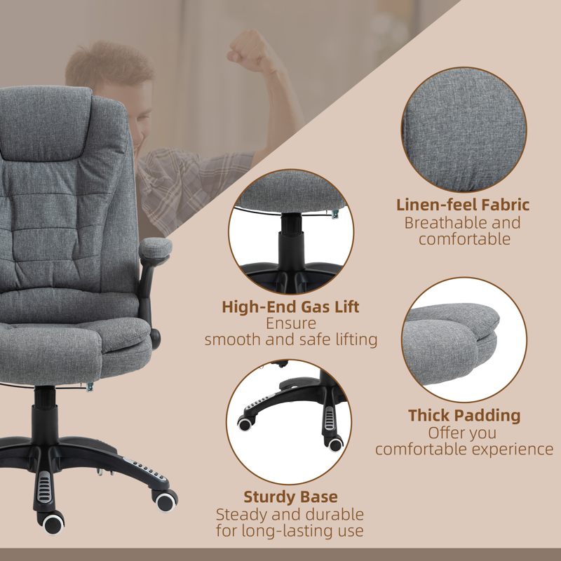 Vinsetto Massage Recliner Chair Heated Office Chair with Six Massage Points Linen-Feel Fabric 360° Swivel Wheels Grey