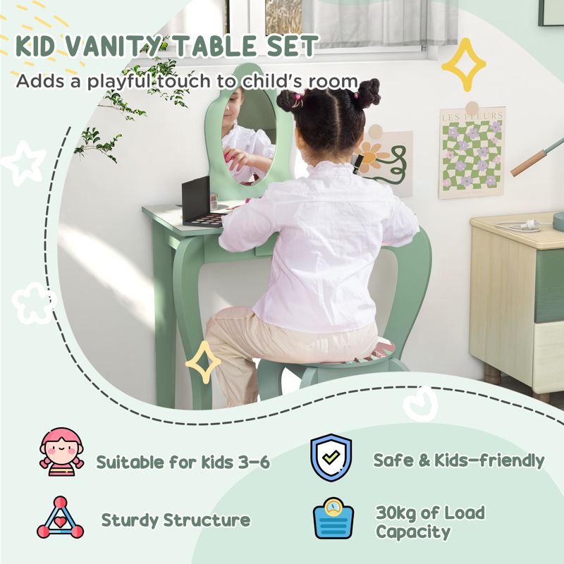 ZONEKIZ Kids Bedroom Furniture Set Includes Bed Frame, Kids Toy Chest, Dressing Table with Mirror and Stoolfor Ages 3-6 Years, Green