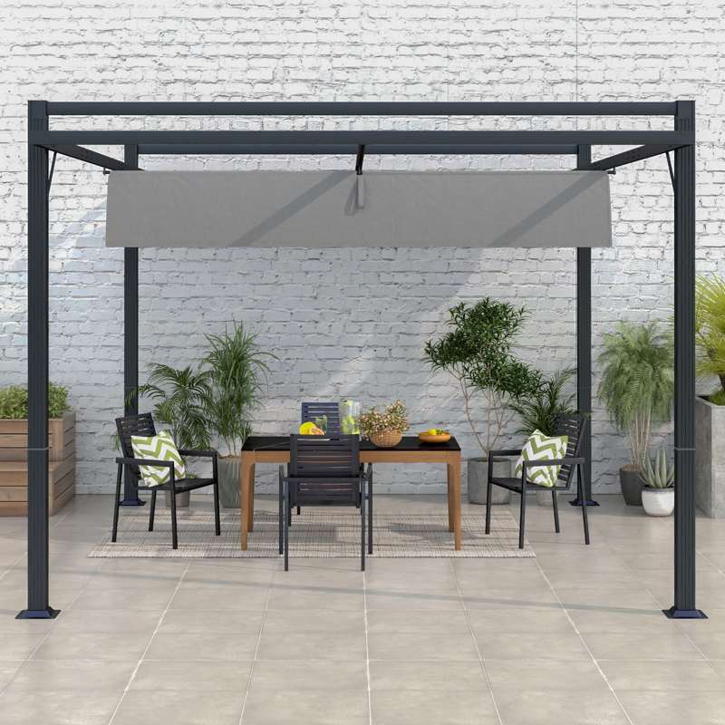 Outsunny 3 x 4m Retractable Pergola, Garden Gazebo Shelter with Aluminium Frame, for Grill, Patio, Deck, Dark Grey