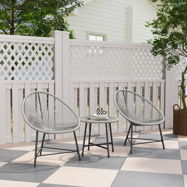 Outsunny 3 Pieces Rattan Bistro Set, Garden Bistro Set with Acapulco Chairs and Glass Top Table, Small Garden Furniture Set with Reinforced Metal Frame for Outdoor, Patio, Balcony, Grey