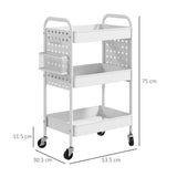 HOMCOM 3-tier Storage Trolley on Wheels, Rolling Utility Serving Cart with 3 Mesh Baskets, 2 Hanging Boxes and 6 Hooks for Living Room, Kitchen, White