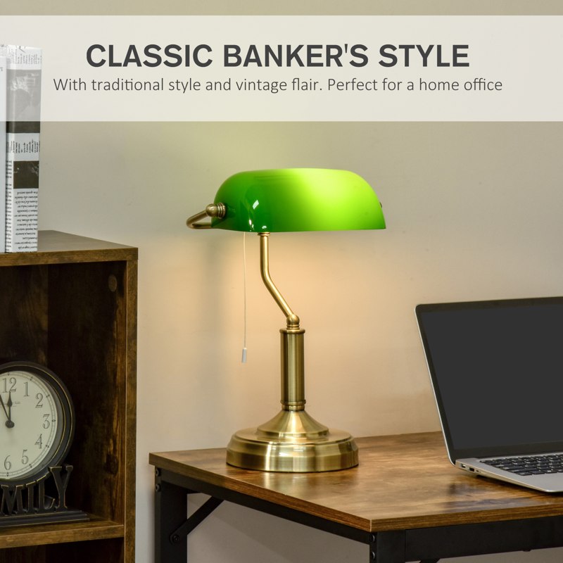 HOMCOM Banker's Desk Lamp with Antique Bronze Tone Base, Table Lamp with Green Glass Shade for Home Office, Green