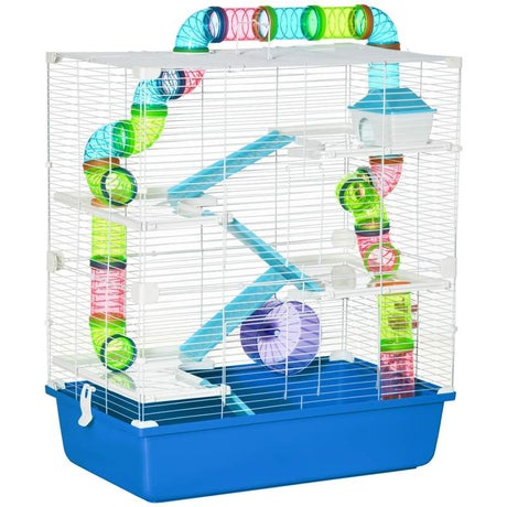 PawHut 5 Tier Hamster Cage, Gerbil Cage with Tube, Water Bottle, Exercise Wheel, Food Dish, 59 cm x 36 cm x 69 cm - Blue