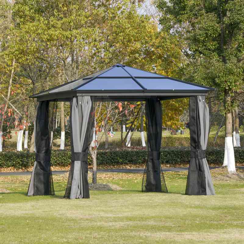 Outsunny 3 x 3(m) Hardtop Gazebo Canopy with Polycarbonate Roof, Aluminium Frame, Permanent Pavilion Garden Gazebo with Netting and Curtains for Patio, Deck, Dark Grey