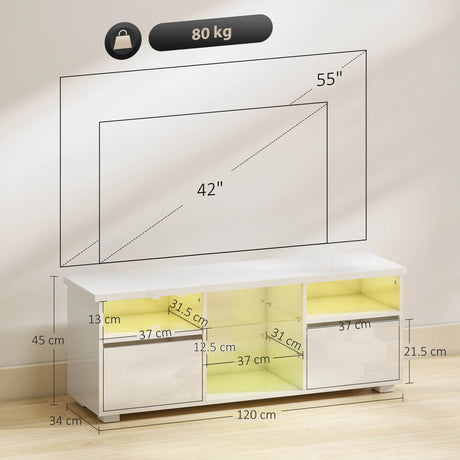 HOMCOM TV Stand Cabinet with LED Lights - High Gloss White