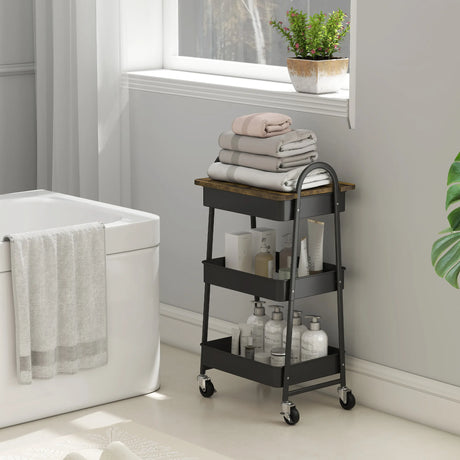 HOMCOM 3-Tier Kitchen Storage Trolley with on Wheels Cover Top Board - Rustic Brown and Black