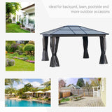 Outsunny 3.6 x 4m Hardtop Gazebo Canopy with Polycarbonate Roof, Aluminium Frame, Permanent Pavilion Garden Gazebo with Netting and Curtains for Patio, Deck, Dark Grey