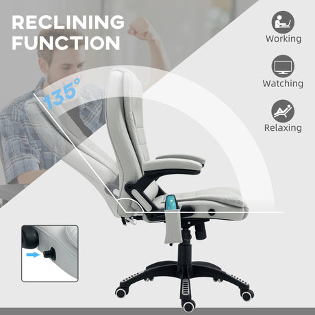 HOMCOM 6-Point Massage Office Chair with Seat Heated for Home Office, PU Leather High Back Executive Desk Chair with Adjustable Height and 360 Swivel for Work Study, Light Grey
