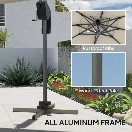 Outsunny 3.7 x 2.7 m Cantilever Parasol w/ 360 Rotation and Easy Tilt Adjustment, Aluminium Hanging Offset Outdoor Umbrella w/ Double Top and Cross Base, UPF50+ Hanging Sun Shade, Grey Wood Effect