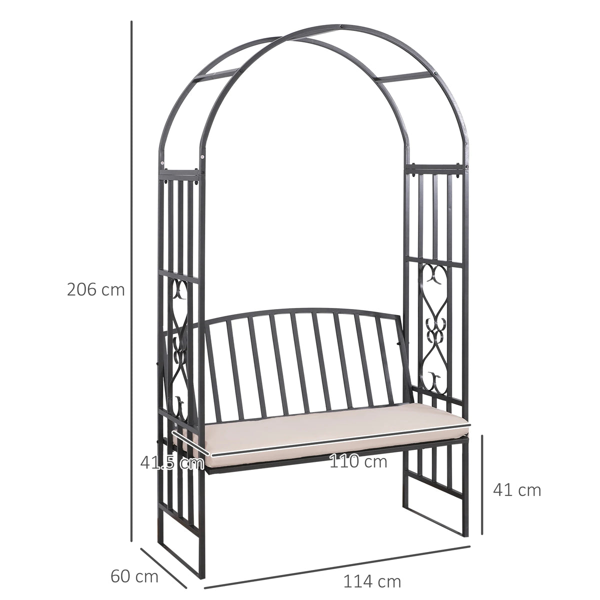 Outsunny Metal Frame Bench W/Arch, 114Lx60Wx206H cm-Grey