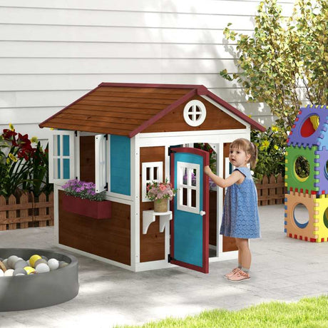 Outsunny Wooden Playhouse with Doors, Windows, Plant Pots, Boxes, for 3-8 Years - Dark Brown