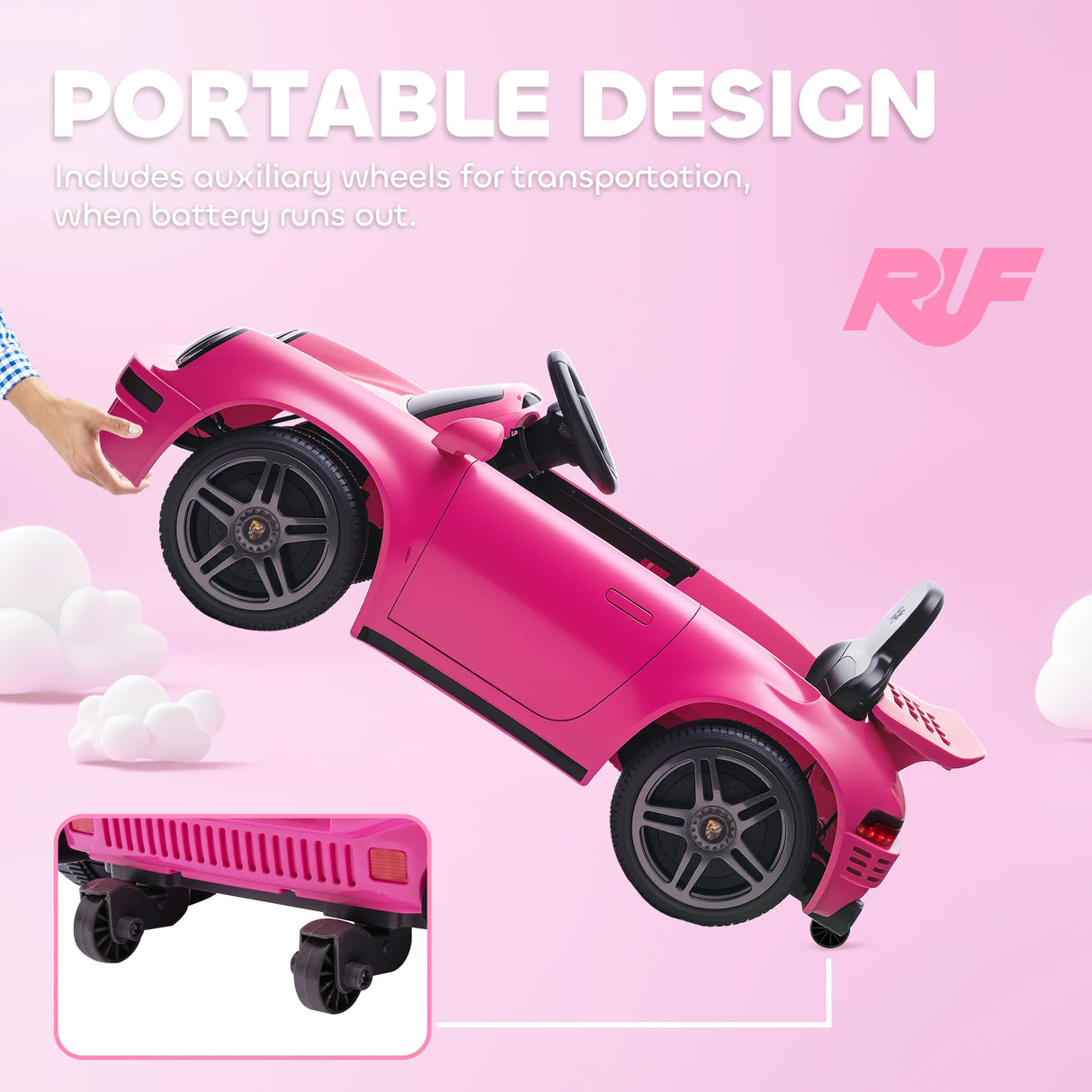 AIYAPLAY Licensed RUF CTR 2017 Electric Car for Kids, with Remote Control, Soft Start, MP3 Player, LED Lights, Pink