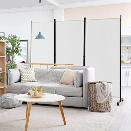 3-Panel Folding Room Divider with Wheels for Living Room Bedroom-White