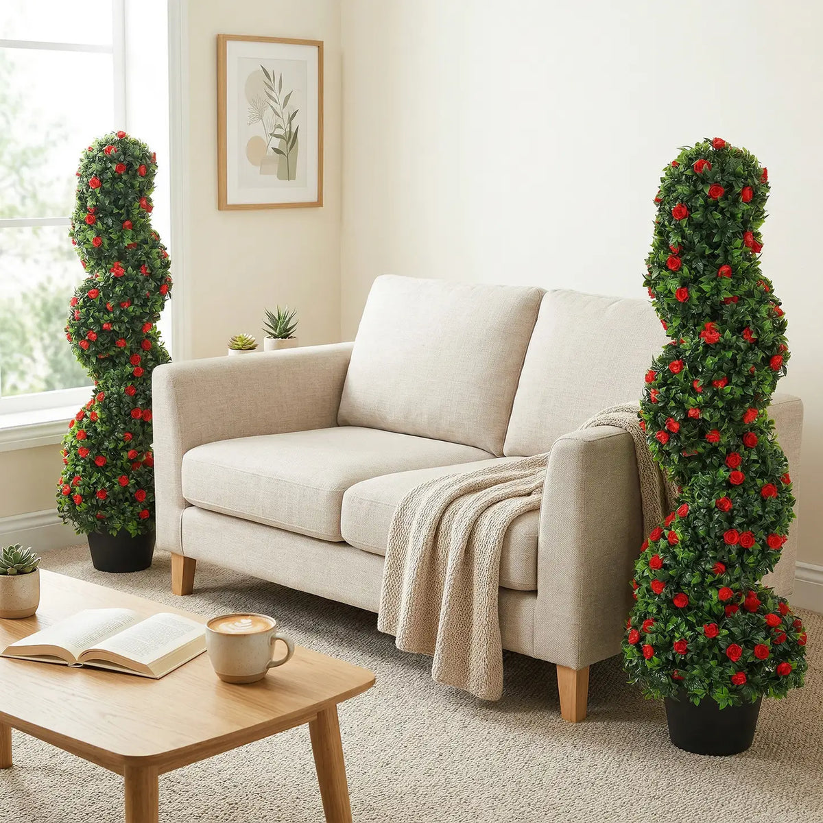 HOMCOM Artificial Rose Spiral Topiary Tree Set of 2, Indoor Outdoor Fake Plants with 630 Leaves, 90cm