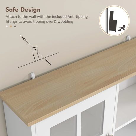 HOMCOM Freestanding Kitchen Cupboard, Storage Cabinet with Doors and Adjustable Shelves, Counter Top, Grid Glass Doors, 80L x 37W x 183H cm - White