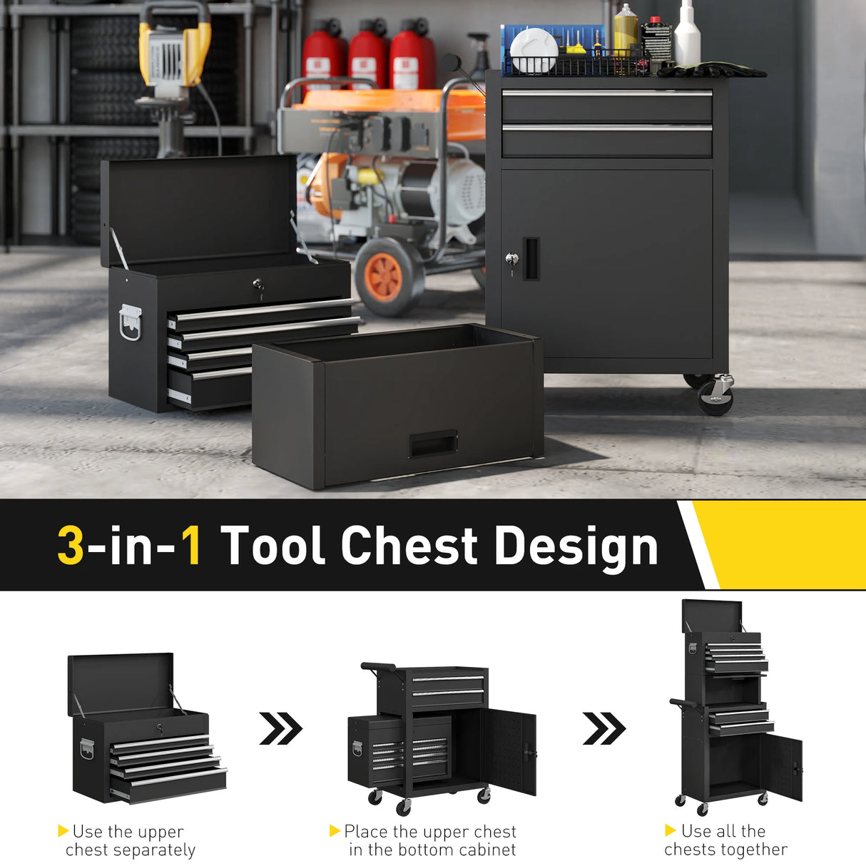 HOMCOM Three-Part Steel Locking Tool Chest - Black