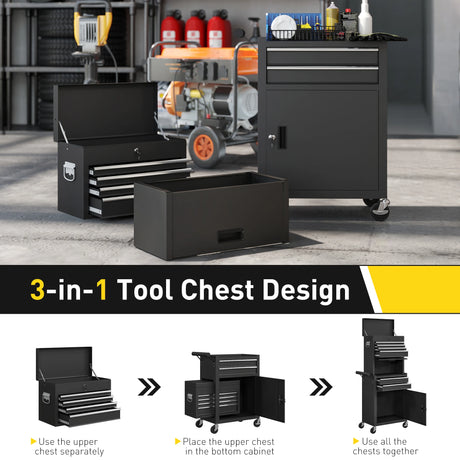 HOMCOM Three-Part Steel Locking Tool Chest - Black
