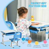 HOMCOM Kids Desk and Chair Set, Height Adjustable Student Writing Desk, Children School Study Table with Tiltable Desktop, Drawer, Pen Slot, Hook - Blue