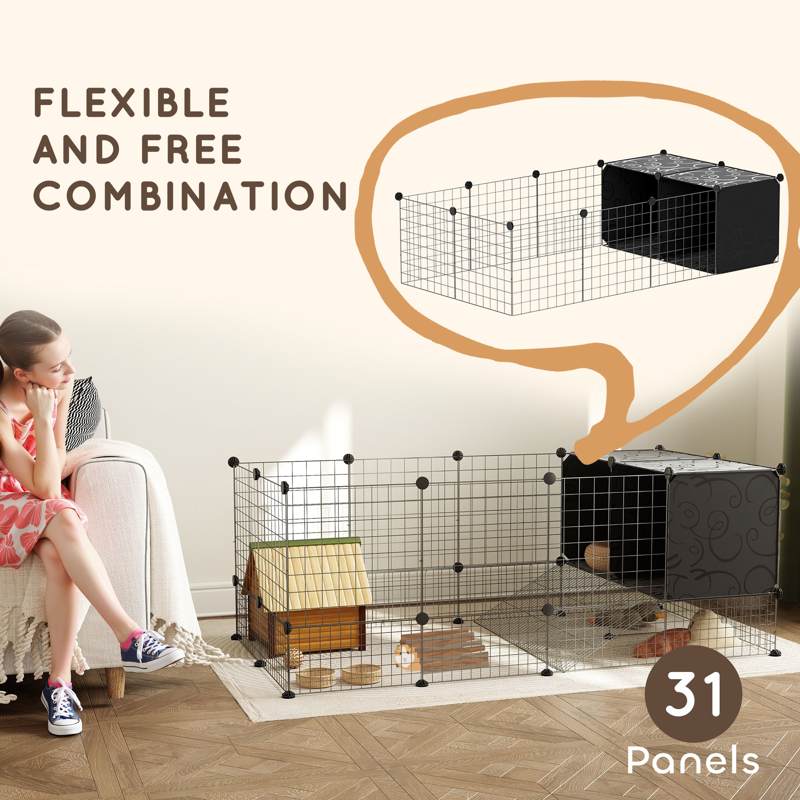 PawHut DIY Small Animal Cage with Elevated Huts, C&C Cage for Guinea Pigs, Hedgehogs, Rabbits, 31 Panels, Black