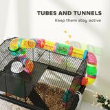 PawHut Two-Tier Hamster Cage with 31cm Deep Tray, Tube System, Water Bottle, Ramp, Feeding Bowl, Multicoloured