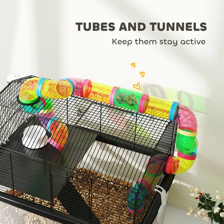 PawHut Two-Tier Hamster Cage with 31cm Deep Tray, Tube System, Water Bottle, Ramp, Feeding Bowl, Multicoloured