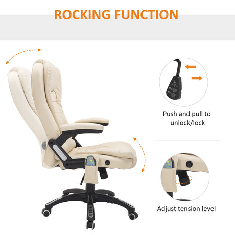 HOMCOM 6-Point Massage Office Chair with Seat Heated for Home Office, PU Leather High Back Executive Desk Chair with Adjustable Height and 360 Swivel for Work Study, Beige