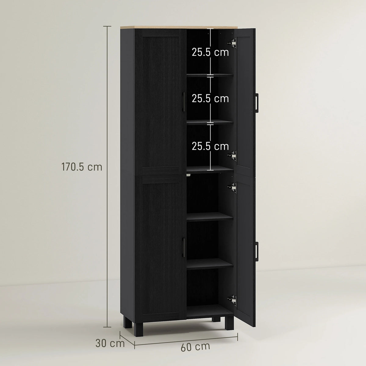 HOMCOM Freestanding Kitchen Cupboard, 4-Door Storage Cabinet with Adjustable Shelves, Modern Kitchen Pantry for Dining Room, 170cm, Black