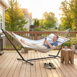 Outsunny Cotton Hammock, Soft Portable Swing Sleeping w/ Headrest & Side Pocket, Blue and White