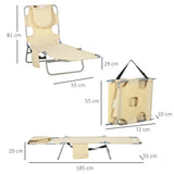 Outsunny Foldable Sun Lounger, Beach Chaise Lounge with Reading Hole, Arm Slots, 5-Position Adjustable Backrest, Side Pocket, Pillow for Garden, Beach, Pool, Beige