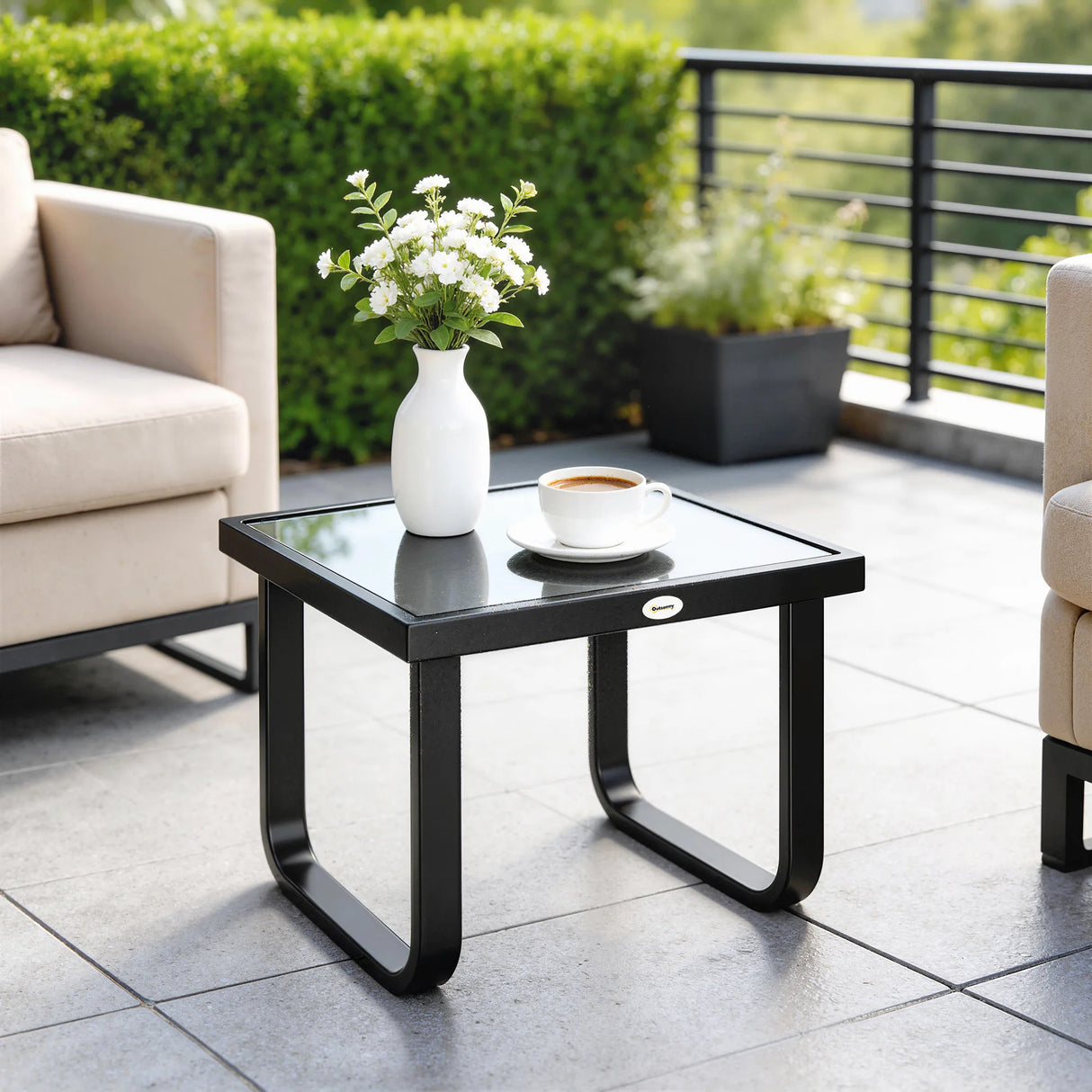Outsunny Outdoor Garden Coffee Table, Rectangle Metal Side Table with Tempered Glass Tabletop, Adjustable Foot Pads