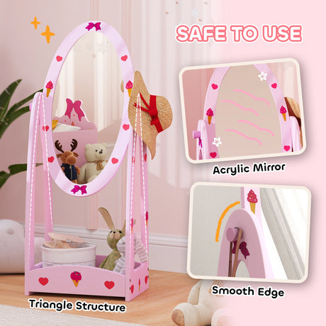 AIYAPLAY Kids Clothes Rail, Kids Dressing Mirror with 360 Rotating, 2 Piece Kids Furniture Set with Storage Shelves, Pink