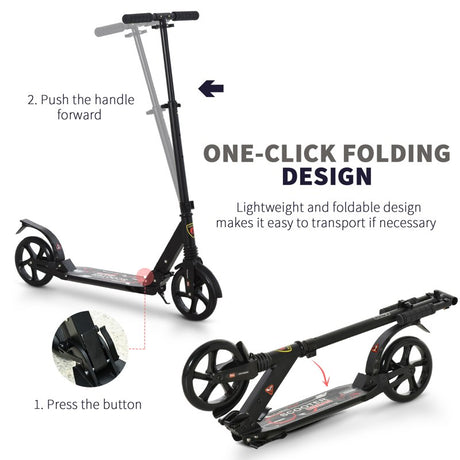 HOMCOM Folding Kick Scooter, Adjustable Ride On Scooter with 200mm Big Wheels and Double Shock Absorption, Urban Scooter for 14+ Teens Adult - Black