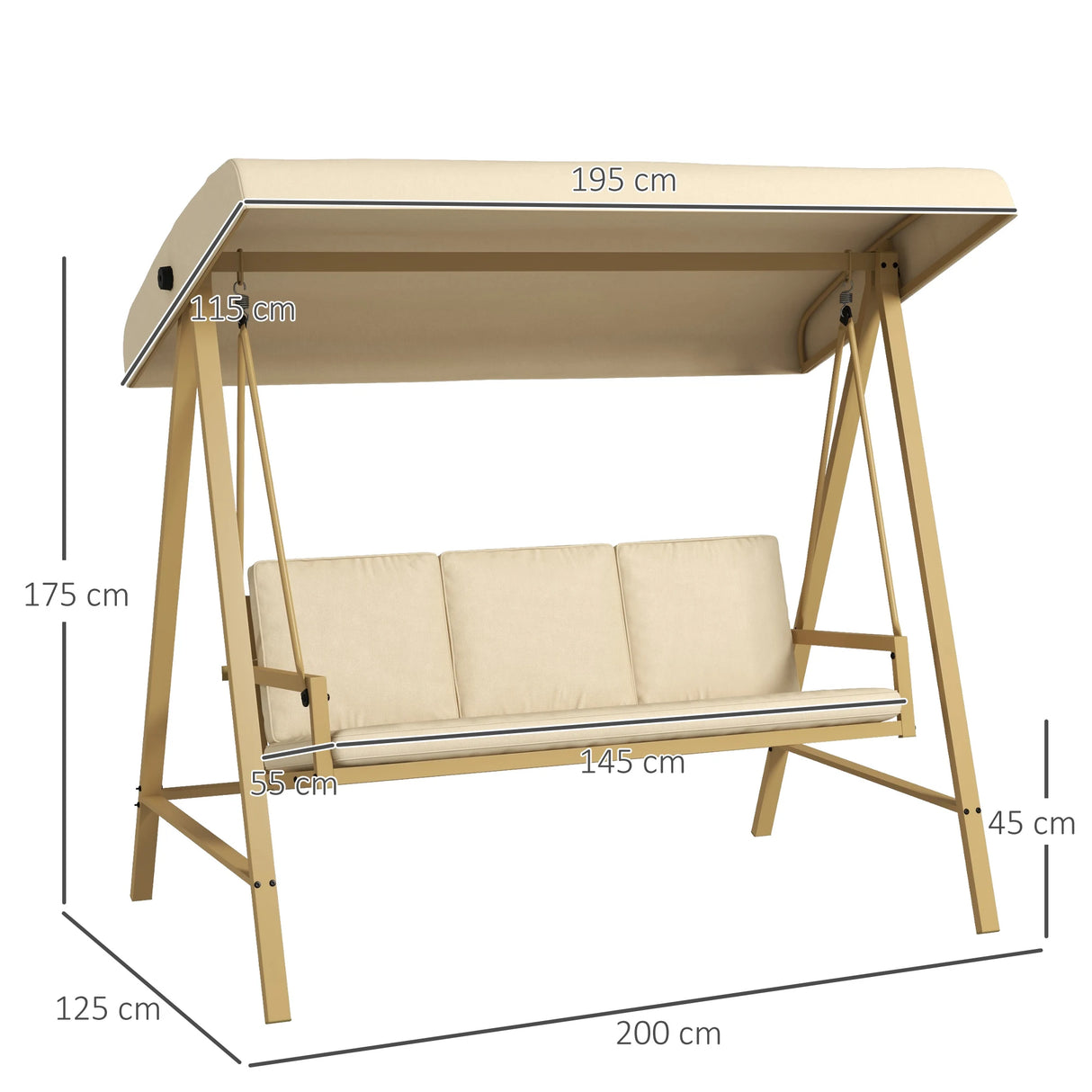 Outsunny Three-Seat Garden Swing Chair, with Adjustable Canopy - Beige