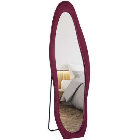 HOMCOM Wavy Velvet-Feel Full Length Mirror - Wine Red