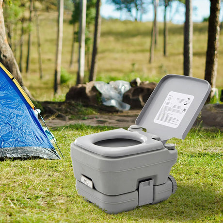 HOMCOM 10L Portable Toilet for Adults, Outdoor Camping Toilet with 2 Detachable Tanks & Push-button Operation, Compact Outdoor Travel Potty Loo with Lid, Seat for Fishing, Hiking, Picnic, Grey