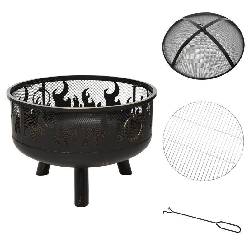 Outsunny Metal Firepit Bowl Outdoor 2-In-1 Round Fire Pit w/ Lid, Grill, Poker, Handles for Garden, Camping, BBQ, Bonfire, Wood Burning Stove, 61.5 x 61.5 x 52cm, Black