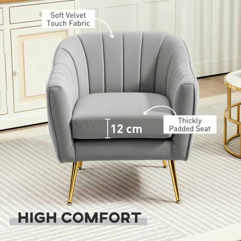 HOMCOM Velvet-Feel Shell Back Accent Chair - Grey