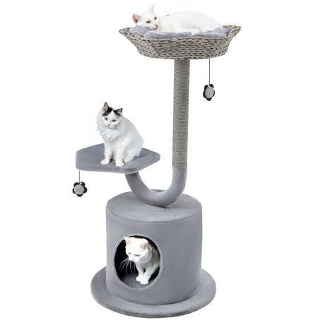 42" Tall Cat Tower with Curved Metal Supporting Frame for Large & Small Cats-Gray
