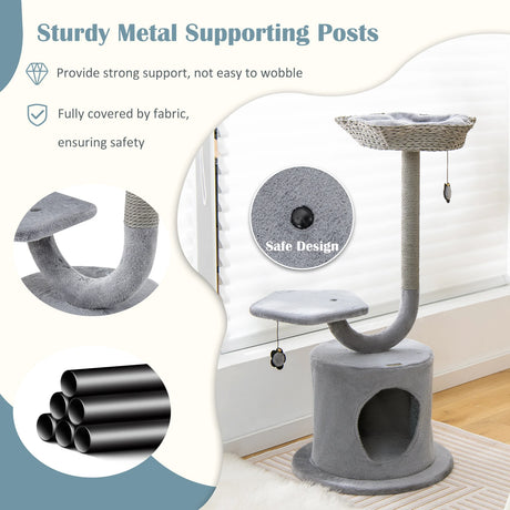 42" Tall Cat Tower with Curved Metal Supporting Frame for Large & Small Cats-Gray