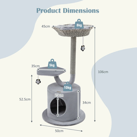 42" Tall Cat Tower with Curved Metal Supporting Frame for Large & Small Cats-Gray