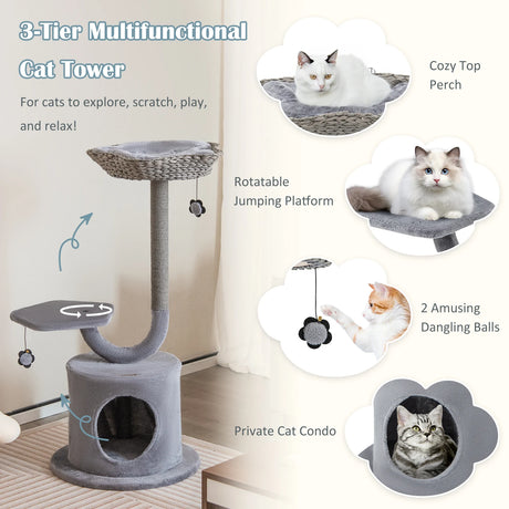 42" Tall Cat Tower with Curved Metal Supporting Frame for Large & Small Cats-Gray