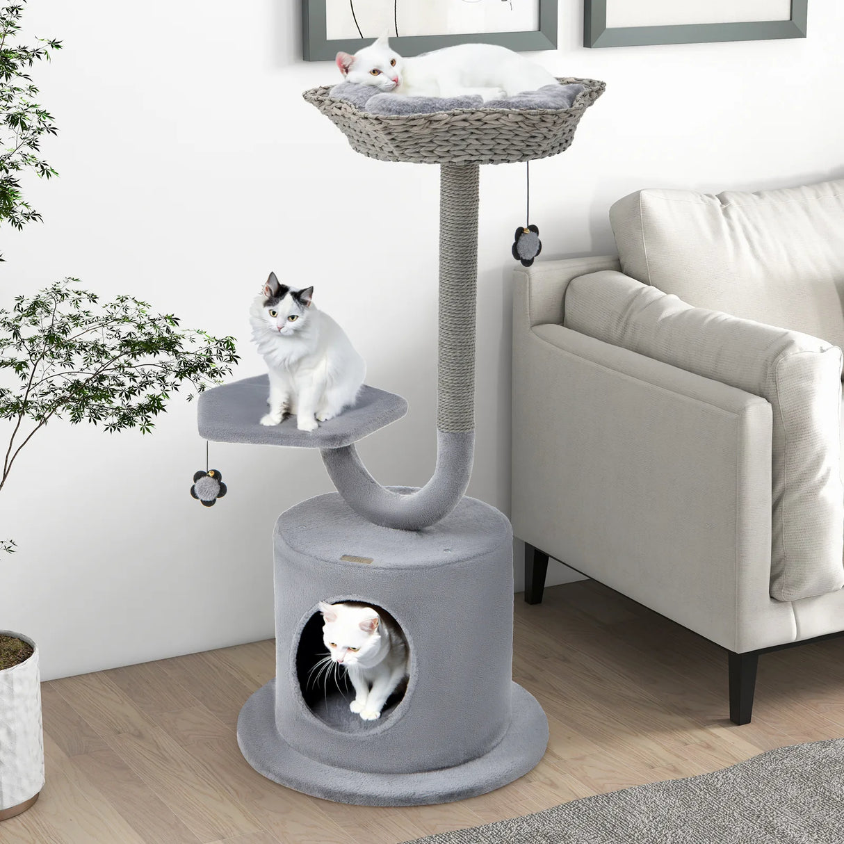 42" Tall Cat Tower with Curved Metal Supporting Frame for Large & Small Cats-Gray