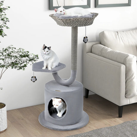 42" Tall Cat Tower with Curved Metal Supporting Frame for Large & Small Cats-Gray