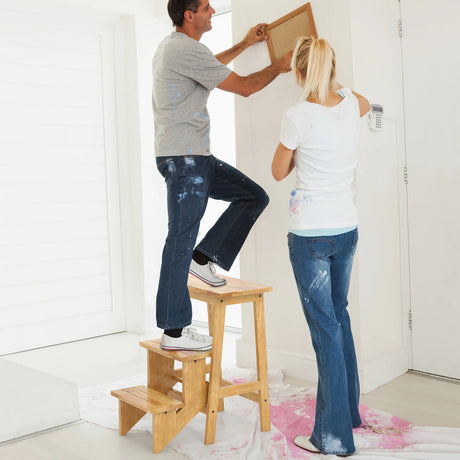3-in-1 Rubber Wood Step Stool with Convenient Handle-Natural