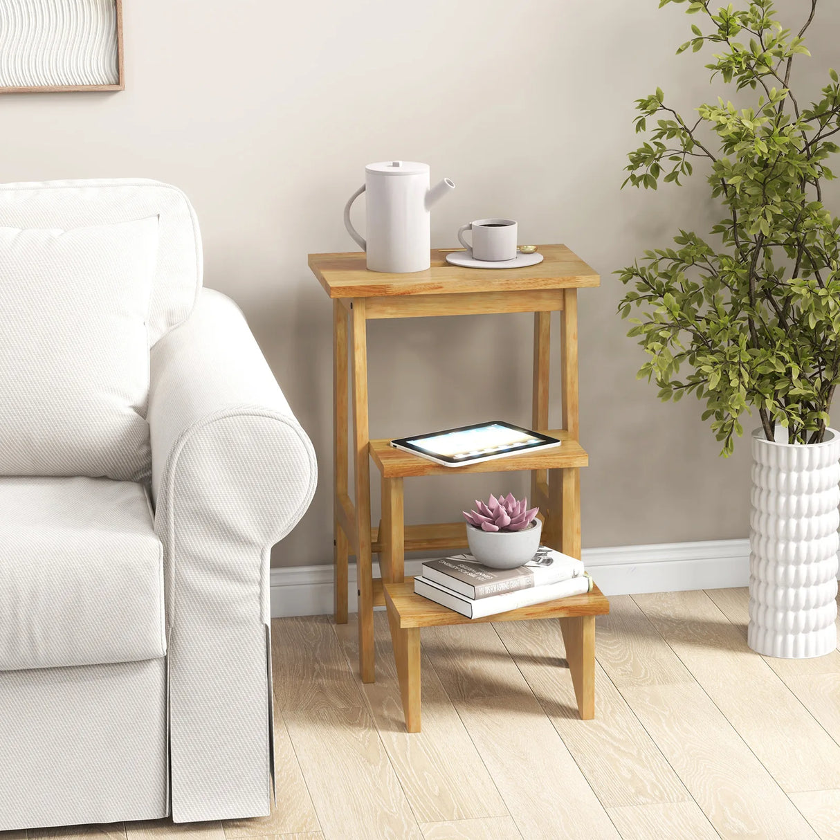 3-in-1 Rubber Wood Step Stool with Convenient Handle-Natural