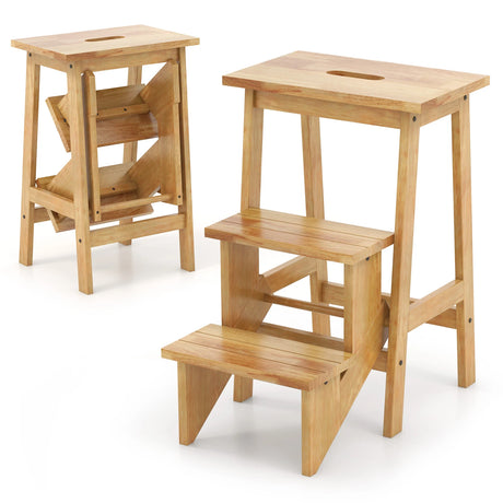 3-in-1 Rubber Wood Step Stool with Convenient Handle-Natural