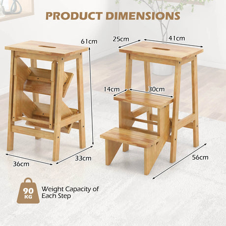 3-in-1 Rubber Wood Step Stool with Convenient Handle-Natural