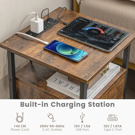 1/2 Pieces 3-Tier Nightstand with Charging Station and Drawer-1 Piece