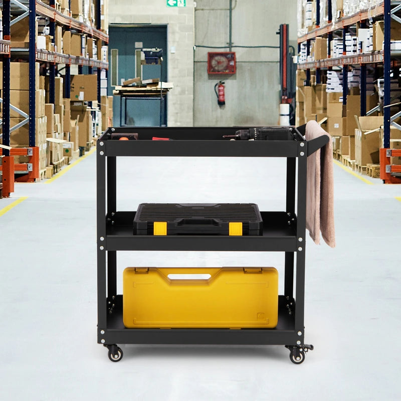 3-Tier Rolling Tool Cart with Spacious Shelves, 4 Universal Wheels and 2 Brakes-Black